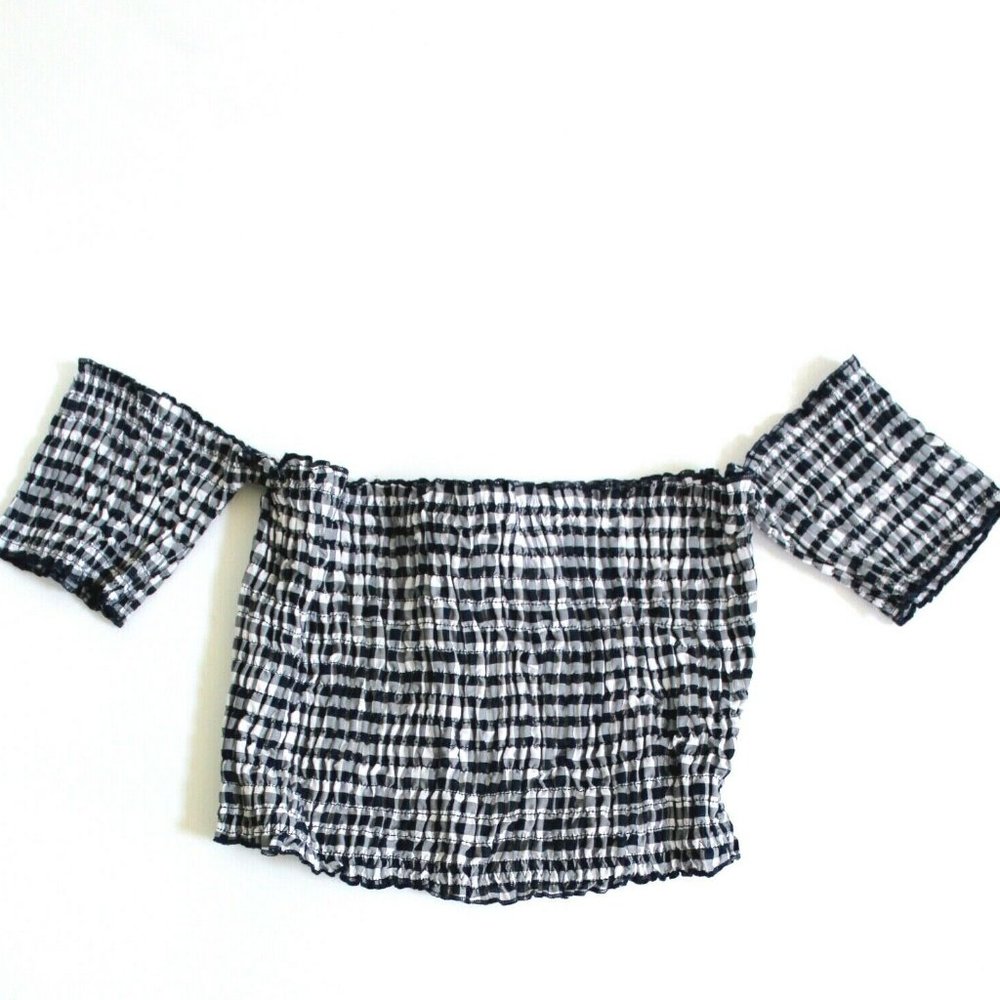 Victoria's Secret Navy Gingham Sexy Tee Off-Shoulder Bra Smocked Cropped Top